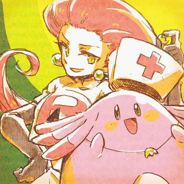 1girl, :d, black_gloves, blush, blush_stickers, brooklet, chansey, commentary_request, earrings, elbow_gloves, eyelashes, gloves, green_eyes, hand_on_own_hip, hat, holding, jessie_(pokemon), jewelry, long_hair, necklace, nurse_cap, open_mouth, pink_hair, pokemon, pokemon_(anime), pokemon_(classic_anime), pokemon_(creature), short_sleeves, smile, sphere_earrings, team_rocket, team_rocket_uniform, white_hat