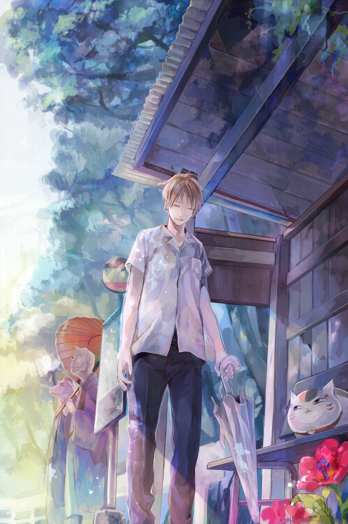 blonde_hair, cat, closed_eyes, closed_umbrella, demon, eyes_closed, flower, male, glasses_(artist), natsume_takashi, natsume_yuujinchou, nyanko, short_hair, solo, umbrella