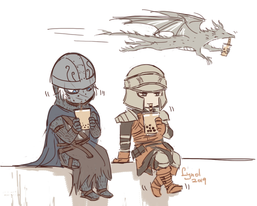 2019, 2boys, ancient_dragon_(dark_souls), armor, blue_cape, blue_eyes, brown_gloves, brown_vest