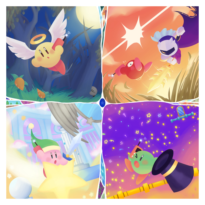 absurdres, angel_wings, bare_tree, cape, colored_skin, cupid_kirby, dimension_mirror, galaxia_(sword)