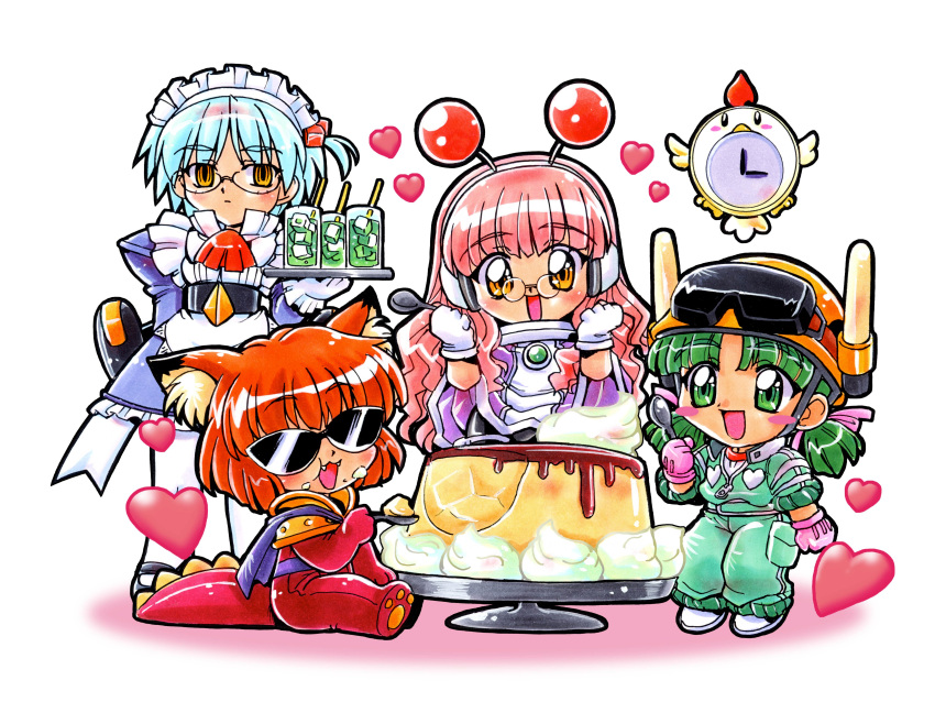 4girls, absurdres, ai_(g-on_riders), alien, animal_ear_fluff, animal_ears, apron, ascot