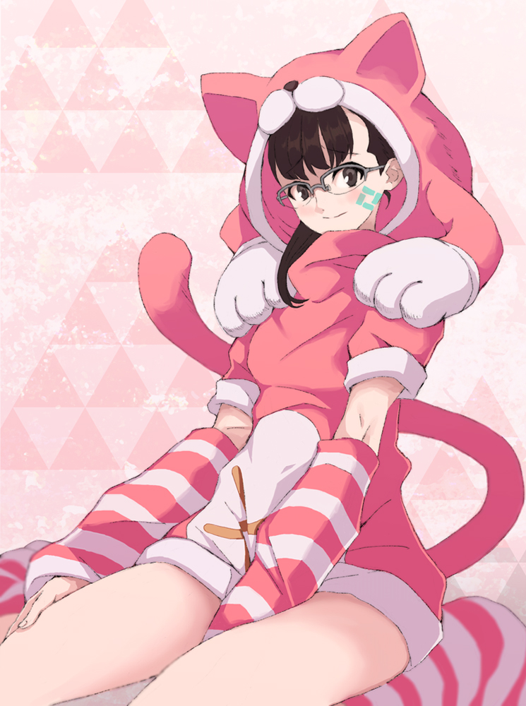 1girl, aizaki_momo, aizaki_momo_(cosplay), animal_costume, animal_ears, animal_hood, anonymous;code, bare_legs, black_hair, blush, breasts, brown_eyes, cat_ears, cat_hood, cat_tail, closed_mouth, cosplay, hood, hood_up, hoodie, long_hair, long_sleeves, looking_at_viewer, medium_breasts, non-web_source, occultic;nine, science_adventure, secretter, sitting, smile, solo, sumikaze_touko, tail, thigh-highs