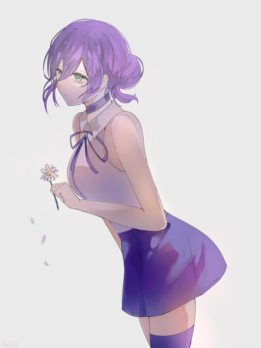 1girl, absurdres, chainsaw_man, collared_shirt, flower, green_eyes, grey_background, grey_shirt