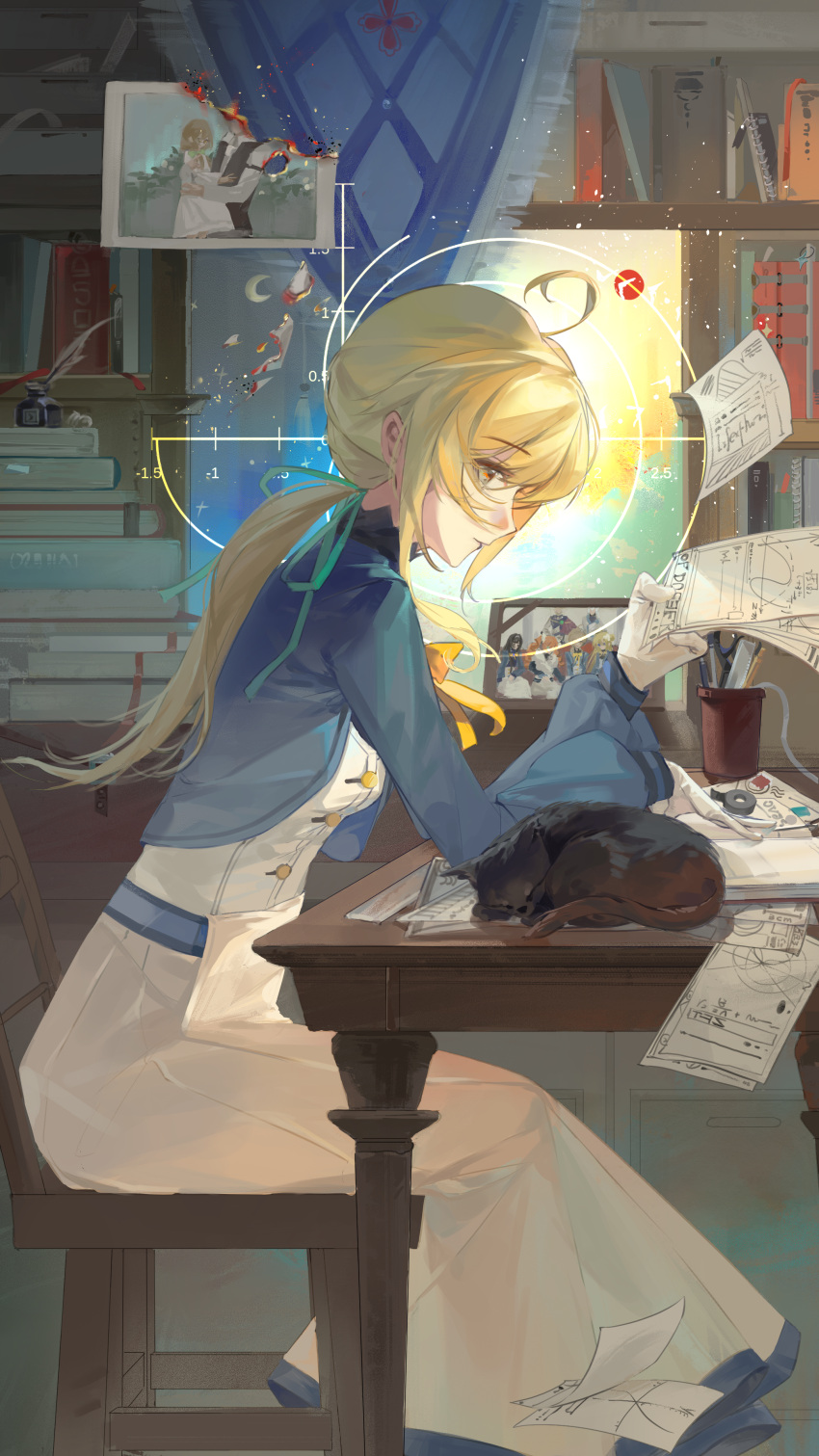 1girl, absurdres, aqua_jacket, book, book_stack, bookshelf, breasts, brown_eyes