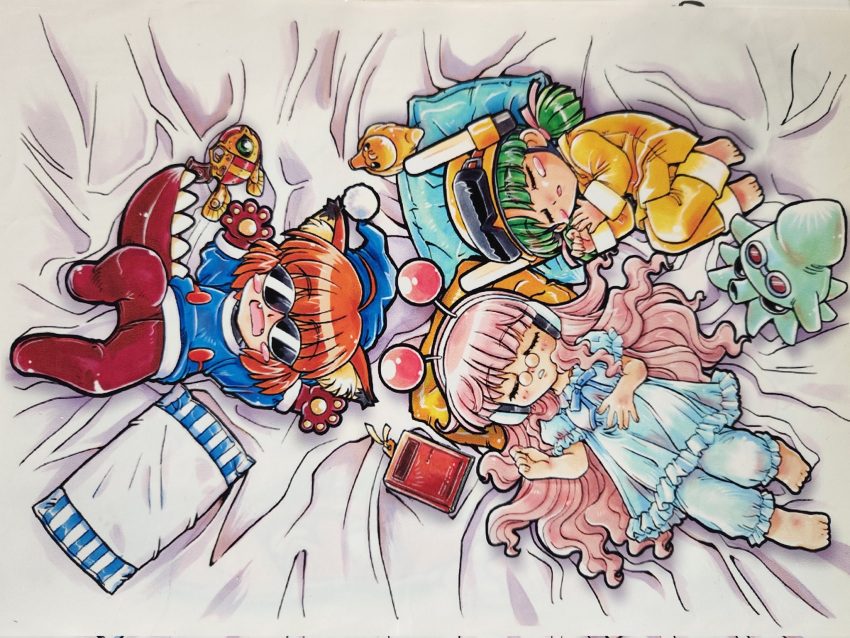 3girls, ai_(g-on_riders), alien, animal_ear_fluff, animal_ears, babydoll, barefoot, bed_sheet