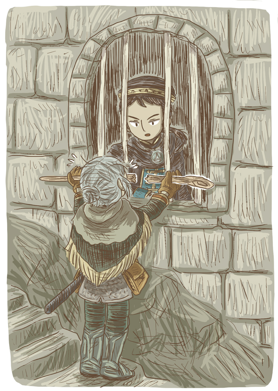 1boy, 1girl, armored_boots, black_hair, black_hat, boots, border, broken_staff, brown_gloves, capelet, chosen_undead, commentary_request, dark_souls_(series), dark_souls_i, empthylee, full_body, gloves, grey_capelet, hat, highres, holding, holding_staff, iron_bars, jewelry, looking_at_another, necklace, open_mouth, rickert_of_vinheim, staff, stairs, standing, white_border