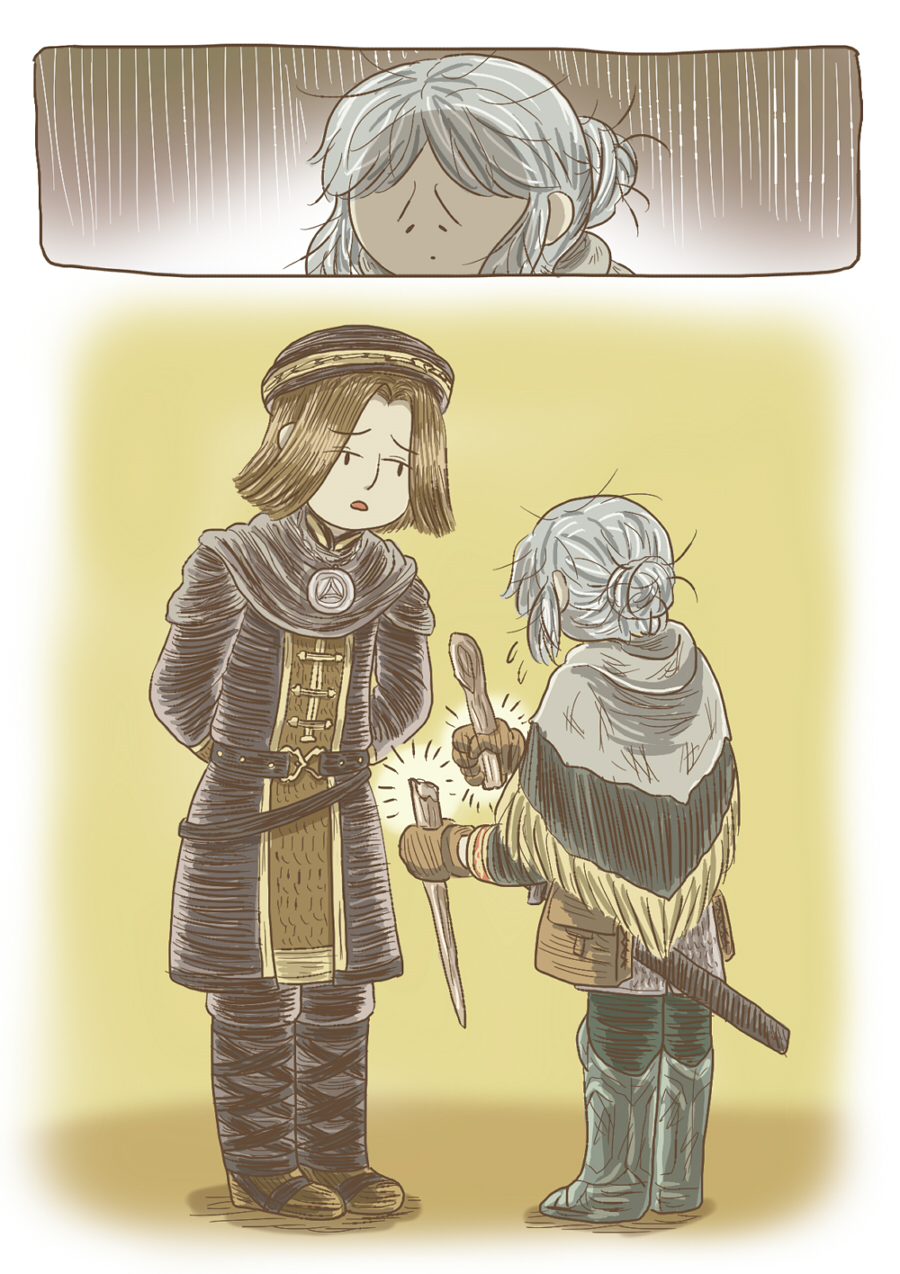 1boy, 1girl, armored_boots, black_boots, black_hat, black_robe, boots, broken_staff, brown_hair, capelet, chosen_undead, commentary_request, curtained_hair, dark_souls_(series), dark_souls_i, empthylee, full_body, grey_capelet, grey_hair, griggs_of_vinheim, hair_bun, hat, highres, long_sleeves, looking_at_another, messy_hair, open_mouth, robe, short_hair, single_hair_bun, standing