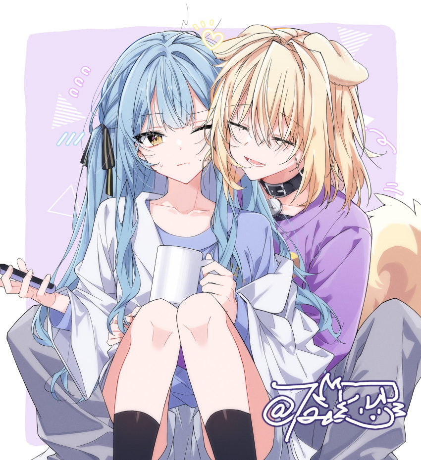 2girls, animal_ears, bang_dream!, bang_dream!_it's_mygo!!!!!, black_collar, black_socks, blonde_hair, blue_hair