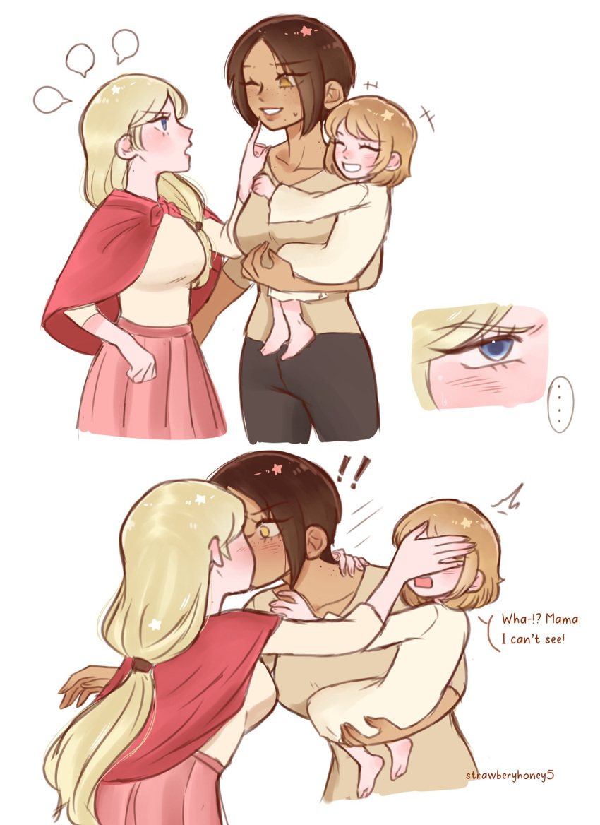 !, !!, 3girls, artist_name, bery2609, blonde_hair, blue_eyes, brown_eyes, brown_hair, carrying, carrying_person, closed_eyes, collarbone, covering_another's_eyes, cropped_legs, dark-skinned_female, dark_skin, english_text, finger_to_another's_face, freckles, highres, if_they_mated, kiss, krista_lenz, long_hair, mother_and_daughter, multiple_girls, one_eye_closed, pants, ponytail, science_babies, shingeki_no_kyojin, shirt, short_hair, skirt, smile, surprise_kiss, surprised, ymir_(shingeki_no_kyojin), yuri