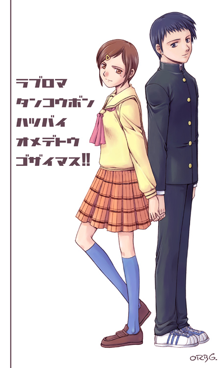 1boy, 1girl, back-to-back, black_jacket, black_pants, black_sleeves, blue_eyes, blue_hair