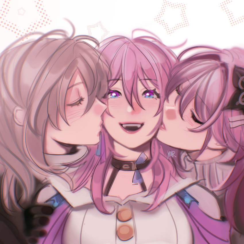 3girls, black_gloves, blue_eyes, closed_eyes, commentary, dual_persona, evernight_(honkai:_star_rail), girl_sandwich, gloves, grey_hair, highres, honkai:_star_rail, honkai_(series), kiss, kissing_cheek, long_hair, march_7th_(honkai:_star_rail), multicolored_eyes, multiple_girls, open_mouth, parted_lips, pink_hair, sandwiched, selfcest, shirt, smile, stelle_(honkai:_star_rail), trailblazer_(honkai:_star_rail), two-tone_eyes, violet_eyes, white_shirt, ymr18, yuri