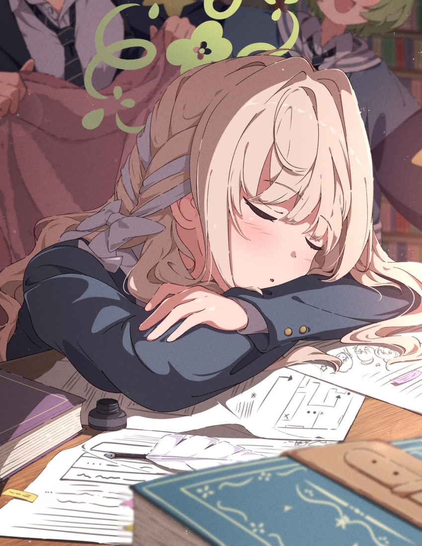 blanket, blonde_hair, blue_archive, blurry, blush, book, braid, closed_eyes