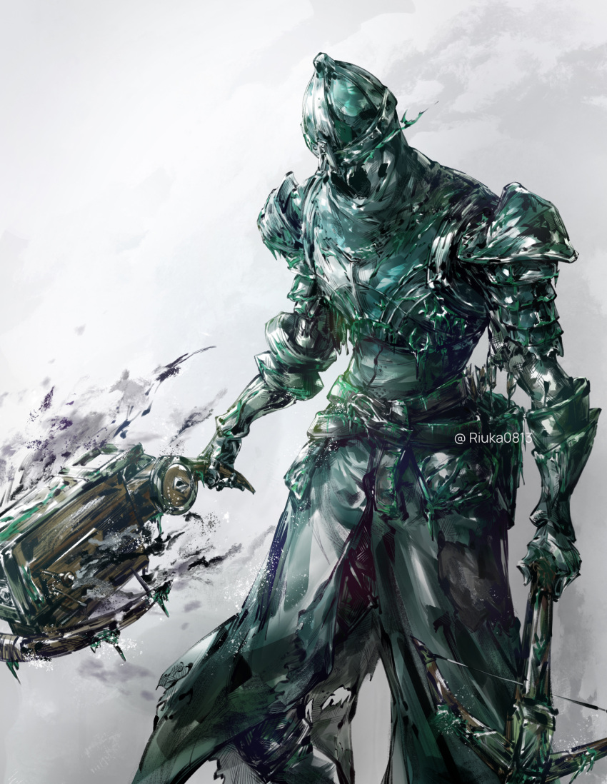 armor, belt, breastplate, chain, commentary, commentary_request, cowboy_shot, crossbow, dark_souls_(series), dark_souls_ii, dual_wielding, english_commentary, green_armor, green_belt, helmet, highres, holding, holding_crossbow, holding_weapon, knight, living_armor, no_humans, pauldrons, riuka0813, sanctum_knight, shoulder_armor, weapon