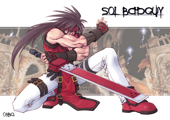 arc_system_works, belt, belt_buckle, biceps, black_belt, black_gloves, brown_hair, buckle