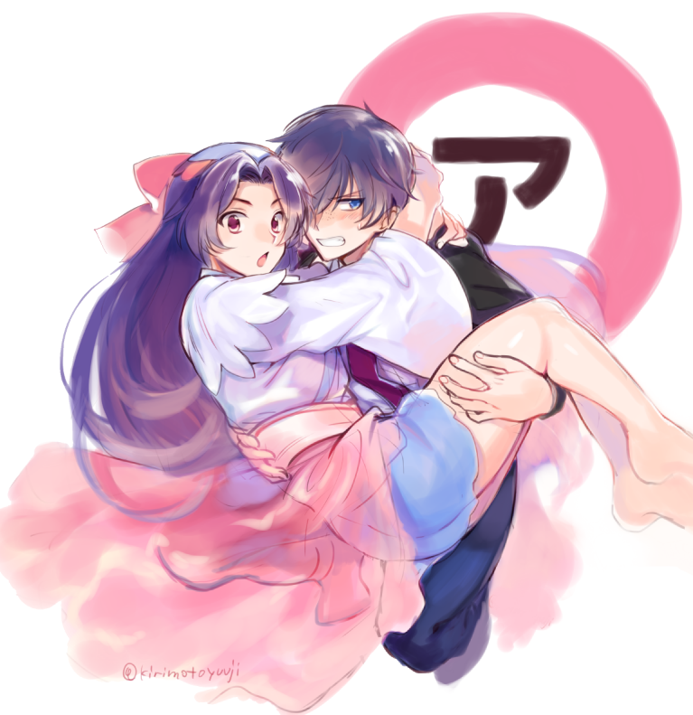 2boys, azuma_sara, azuma_sara_(cosplay), black_jacket, blue_eyes, bow, carrying, cosplay