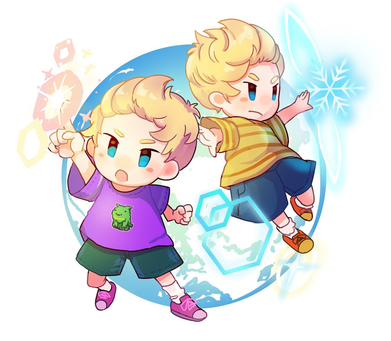 2boys, alternate_color, blonde_hair, blush_stickers, character_print, clenched_hand, drago, dual_persona