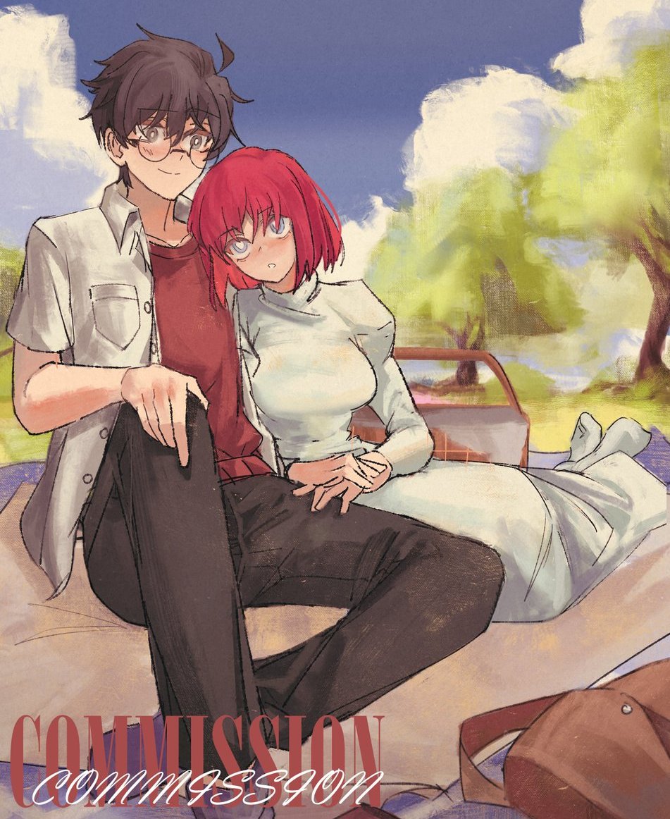 1boy, 1girl, :o, ahoge, black_hair, black_pants, blue_eyes, blue_sky