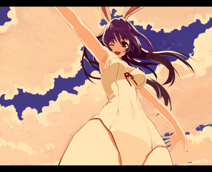 animal_ears, brown_eyes, bunny_ears, bunny_girl, bunnysuit, chimochimo, cloud, clouds