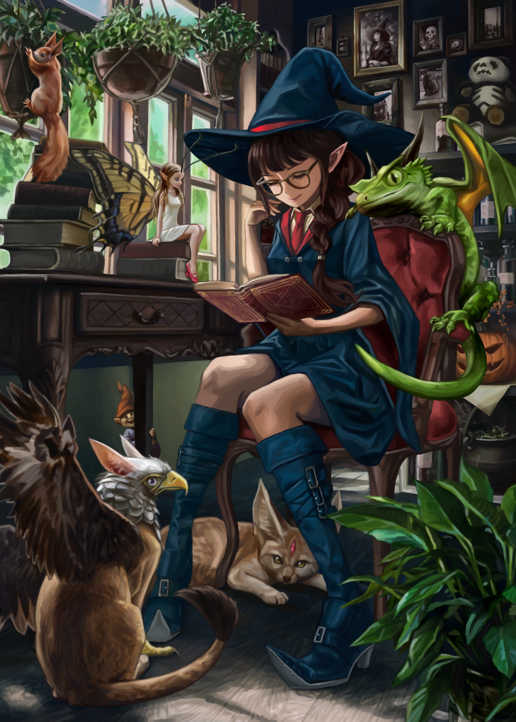 2girls, animal, black-framed_eyewear, black_boots, black_dress, black_hat, book, book_stack