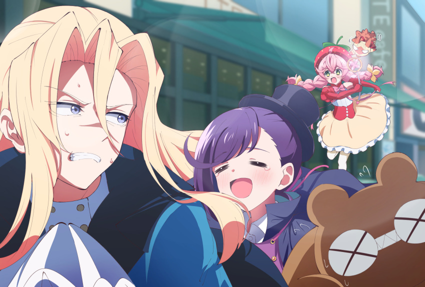 1boy, 2girls, acro_trip, ascot, bear, berry_blossom, blonde_hair, blue_eyes