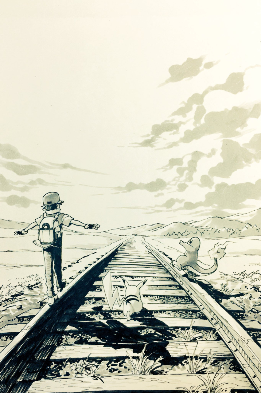1boy, 2others, balancing, baseball_cap, black_gloves, black_hair, charmander, clouds, cloudy_sky, day, drop_shadow, facing_away, field, forest, gloves, grass, grey_pants, hat, highres, horizon, monochrome, mountain, mountainous_horizon, multiple_others, nature, on_railroad_tracks, outdoors, outstretched_arms, pants, pikachu, pokemon, pokemon_(creature), pokemon_rgby, popped_collar, railroad_tracks, red_(pokemon), seijun, sky, sweater, walking_on_railing, white_bag