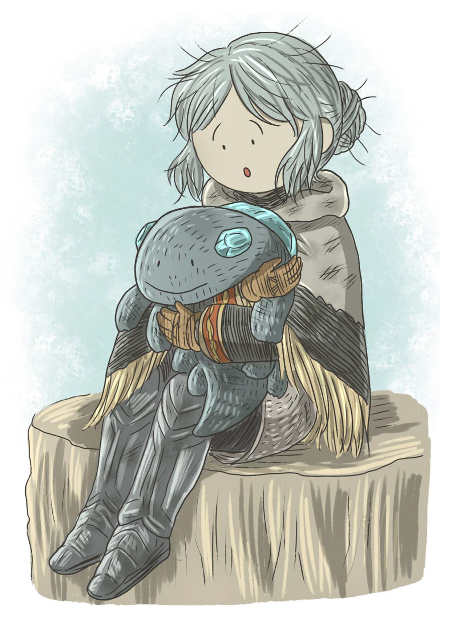 1girl, :o, armored_boots, boots, brown_gloves, capelet, chosen_undead, commentary_request