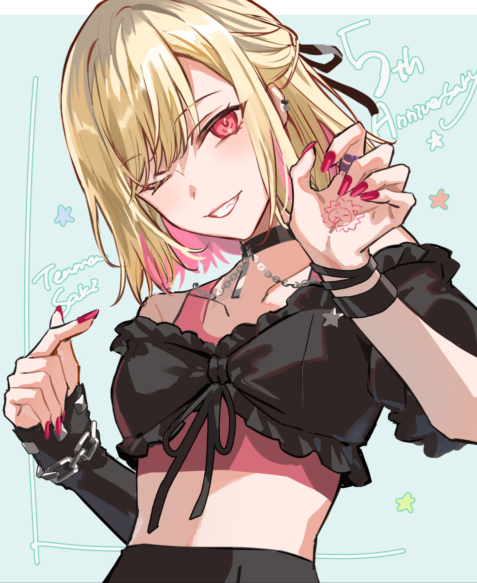 1girl, anniversary, asymmetrical_sleeves, bare_shoulders, black_choker, black_jacket, black_ribbon, blonde_hair, bracelet, breasts, character_name, choker, collarbone, colored_inner_hair, commentary_request, crop_top, cropped_jacket, ear_piercing, finger_heart, fingernails, frilled_jacket, frills, hair_ribbon, hand_tattoo, hands_up, highres, jacket, jewelry, long_fingernails, looking_at_viewer, midriff, multicolored_hair, multiple_bracelets, nail_polish, off-shoulder_jacket, off_shoulder, official_alternate_costume, official_alternate_hair_length, official_alternate_hairstyle, one_eye_closed, our_golden_days_(project_sekai), piercing, pink_eyes, pink_hair, pink_nails, pink_tank_top, poppoman, project_sekai, ribbon, short_hair, sidelocks, smile, solo, star_bracelet, swept_bangs, tank_top, tattoo, teeth, tenma_saki, two-tone_hair, upper_body, wrist_chain