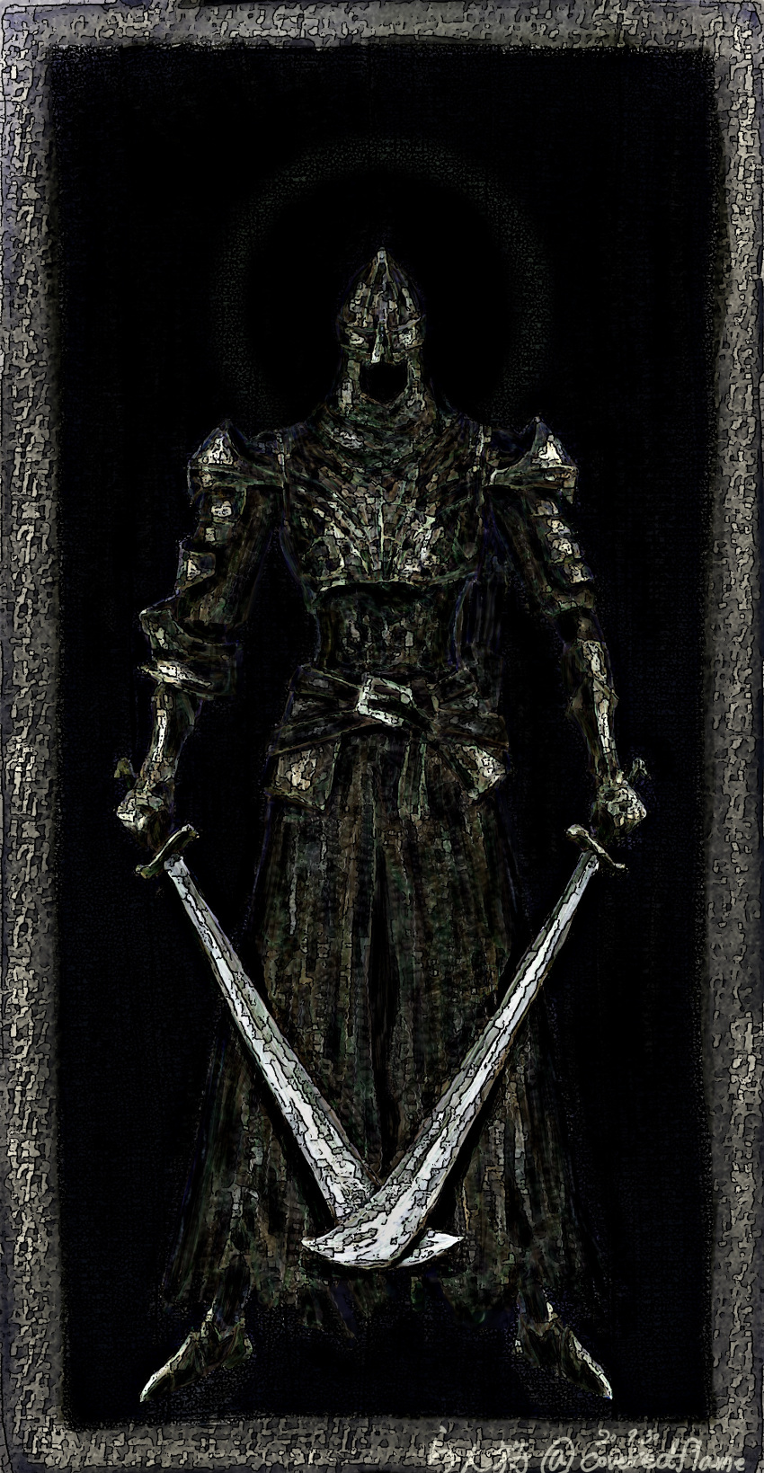 absurdres, armor, armored_boots, black_background, boots, breastplate, commentary_request, coveredflame, dark_souls_(series), dark_souls_ii, gauntlets, helmet, highres, holding, holding_sword, holding_weapon, living_armor, no_humans, pauldrons, sanctum_knight, shoulder_armor, sword, weapon