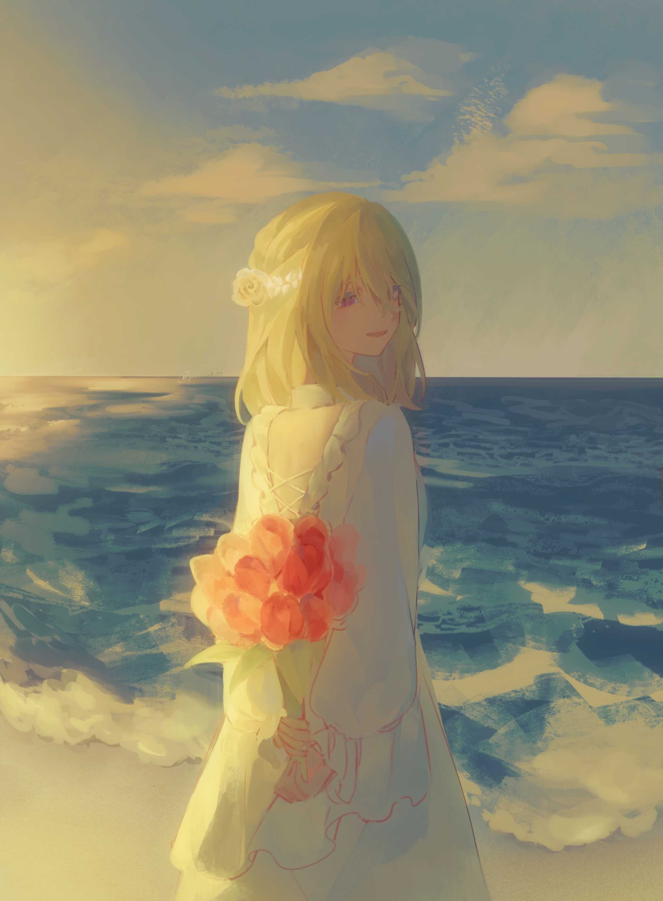 1girl, absurdres, bang_dream!, bang_dream!_it's_mygo!!!!!, blonde_hair, bouquet, commentary, dress, flower, geosmichi77, hair_flower, hair_ornament, highres, holding, holding_bouquet, jewelry, medium_hair, misumi_uika, ocean, open_mouth, ring, sky, solo, violet_eyes, wedding_dress, wedding_ring, white_dress
