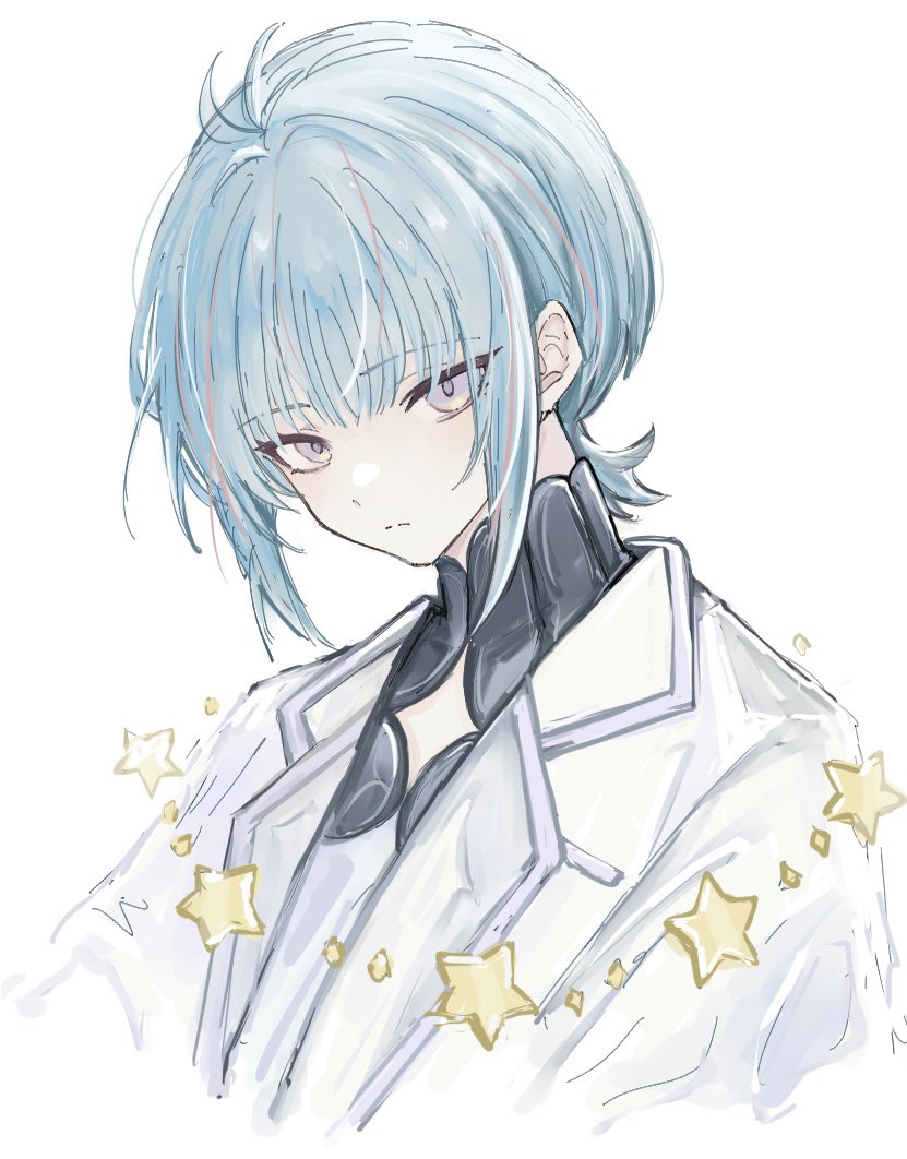 1boy, bad_id, bad_twitter_id, blue_hair, blunt_bangs, closed_mouth, coat, eyes_visible_through_hair