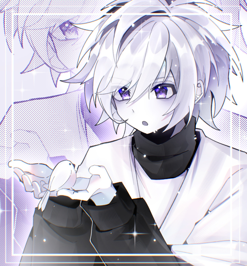 1boy, :o, alternate_universe, animal, animal_on_hand, antenna_hair, bags_under_eyes, bird