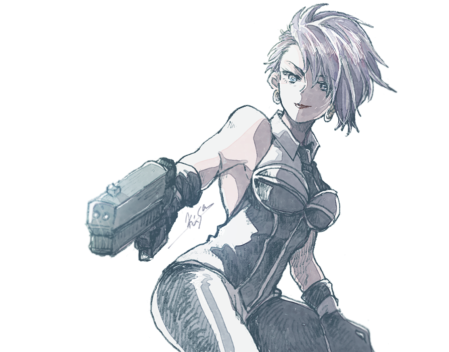 1girl, black_gloves, closed_mouth, earrings, gloves, gun, holding, holding_gun