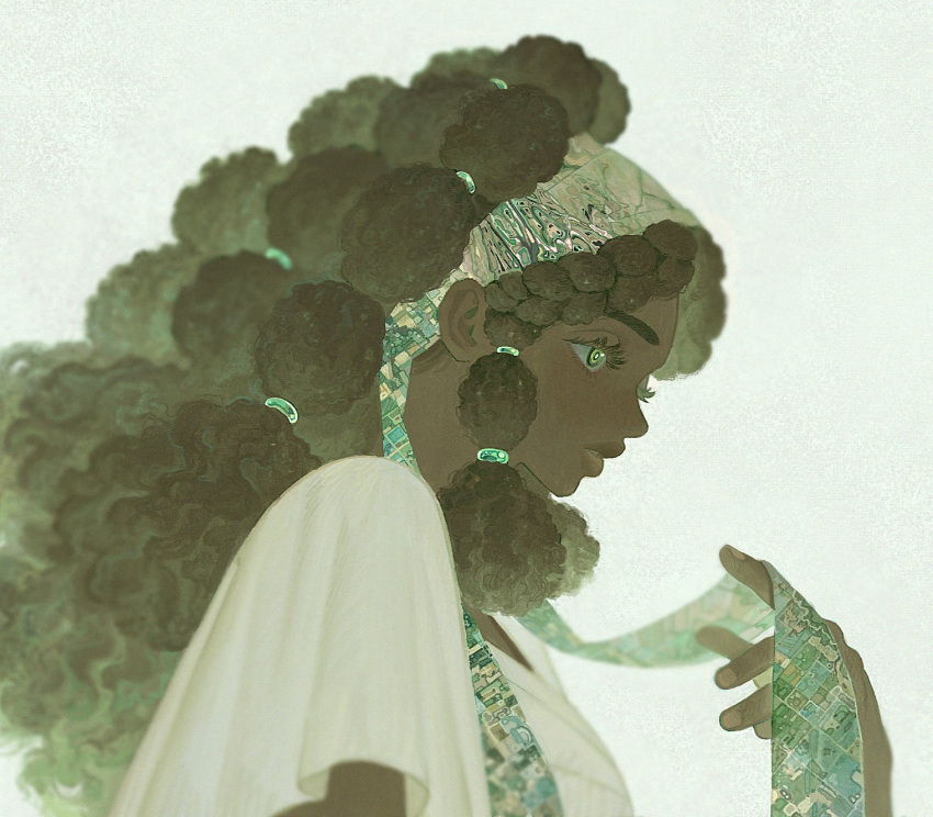 1girl, :o, bell_sleeves, black_hair, blurry, braid, braided_bangs, curly_hair