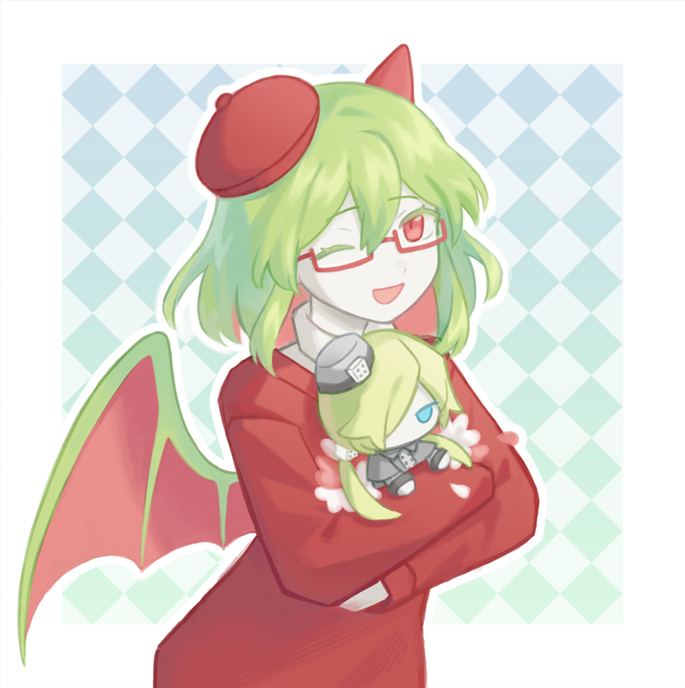 1girl, argyle_background, beret, border, character_doll, collared_shirt, colored_eyelashes, commentary_request