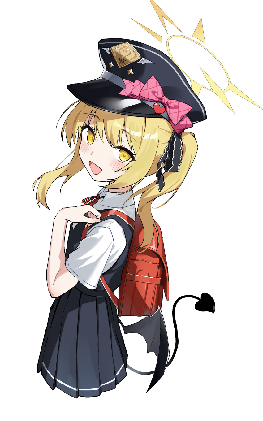 1girl, absurdres, backpack, bag, black_dress, black_hat, blonde_hair, blue_archive