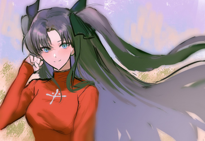 1girl, black_hair, black_ribbon, blue_eyes, breasts, fate/stay_night, fate_(series), hair_ribbon, highres, long_hair, long_sleeves, looking_at_viewer, medium_breasts, red_sweater, ribbon, smile, solo, sweater, tohsaka_rin, turtleneck, twintails, two_side_up, woodsheep59366