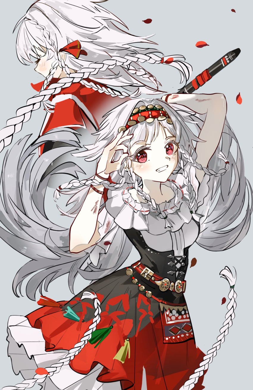 1girl, arms_up, facing_away, flute, grin, hairband, highres, holding, holding_flute, holding_instrument, instrument, long_hair, looking_at_viewer, miniskirt, multiple_views, ok_sign, quad_braids, red_eyes, red_hairband, red_skirt, reverse:1999, rubuska, seventeen_meimi, shirt, short_sleeves, skirt, smile, white_hair, white_shirt