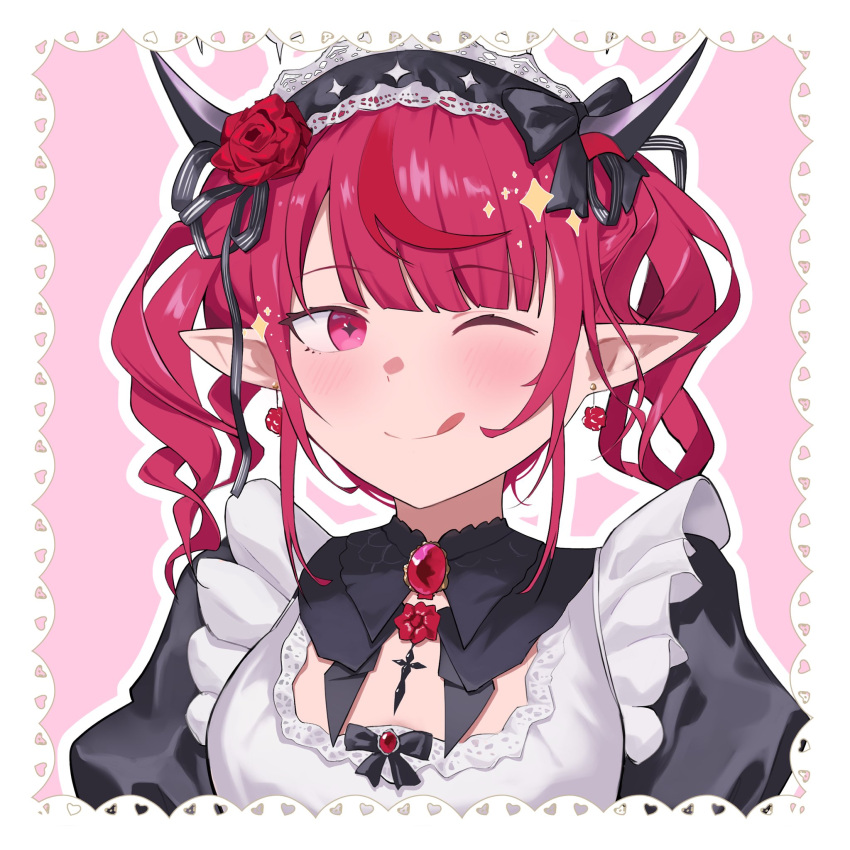 1girl, apron, black_dress, blush, border, dress, earrings, highres