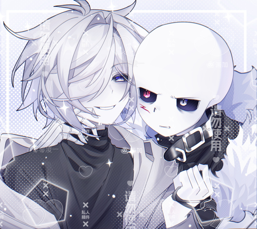 2boys, :d, aegyo_sal, alternate_universe, antenna_hair, black_collar, black_sclera, black_sweater