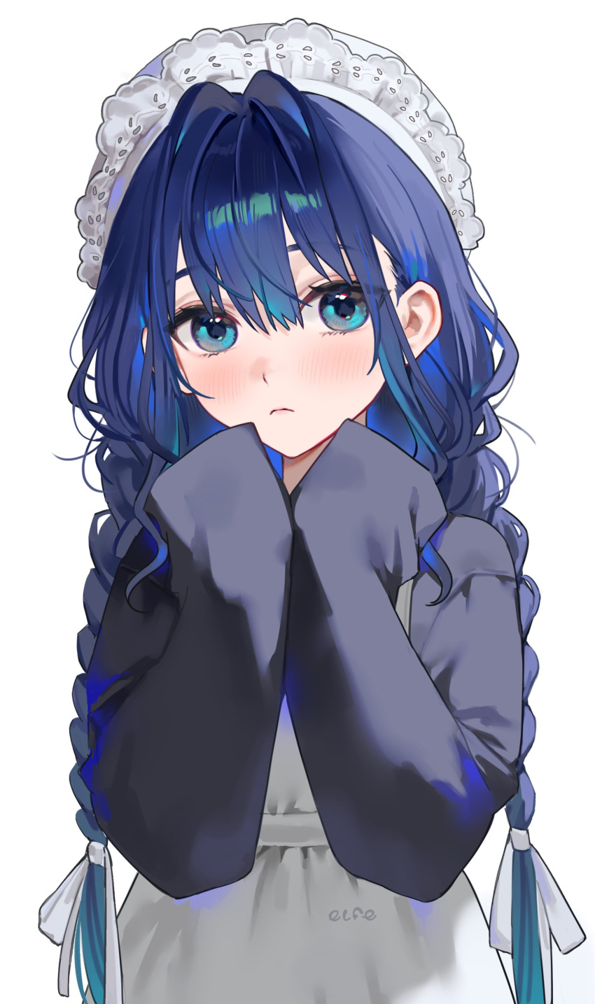 1girl, absurdres, apron, blue_eyes, blue_hair, blush, braid, commentary