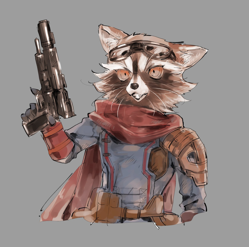 1boy, animal_ears, avengers:_endgame, avengers_(series), blue_jumpsuit, claws, furry, furry_male, goggles, goggles_on_head, grey_background, guardians_of_the_galaxy, gun, highres, holding, holding_gun, holding_weapon, jumpsuit, male_focus, marvel, mike831g, raccoon_boy, raccoon_ears, red_scarf, rocket_raccoon, scarf, smile, upper_body, weapon, whiskers