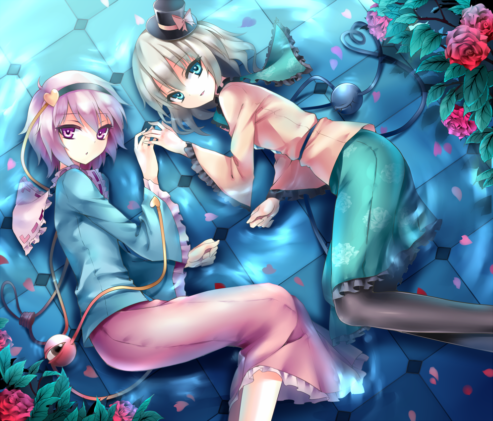 aqua_eyes, black_legwear, blue_eyes, bon, checkered, checkered_floor, eyelashes, flower