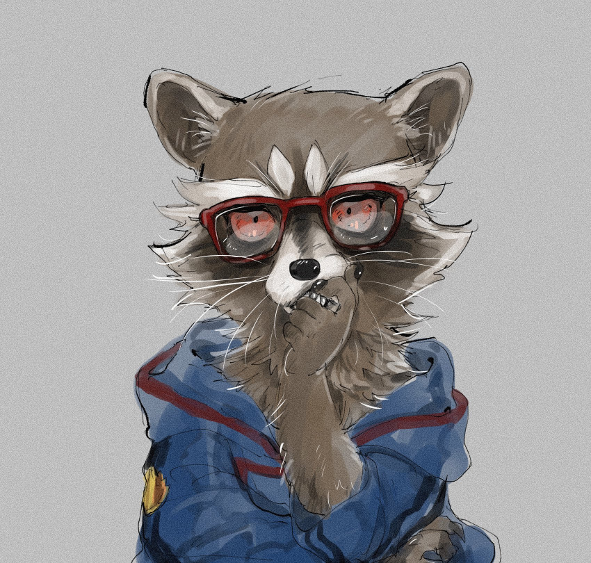 1boy, animal_ears, blue_jacket, claws, colored_sclera, fangs, finger_in_own_mouth, furry