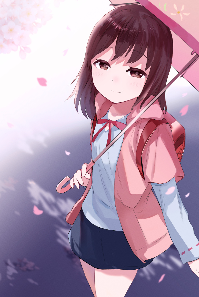 1girl, absurdres, backpack, bag, brown_eyes, brown_hair, byousoku_5_centimeter, cherry_blossoms, commentary_request, gradient_background, highres, jacket, long_sleeves, looking_at_viewer, pink_jacket, pink_umbrella, randoseru, ronri_(ma-nama-kinasa-yo), shinohara_akari, shirt, skirt, smile, solo, umbrella, white_shirt