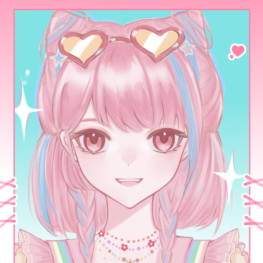 1girl, absurdres, aegyo_sal, aqua_background, bead_necklace, beads, blue_hair, border