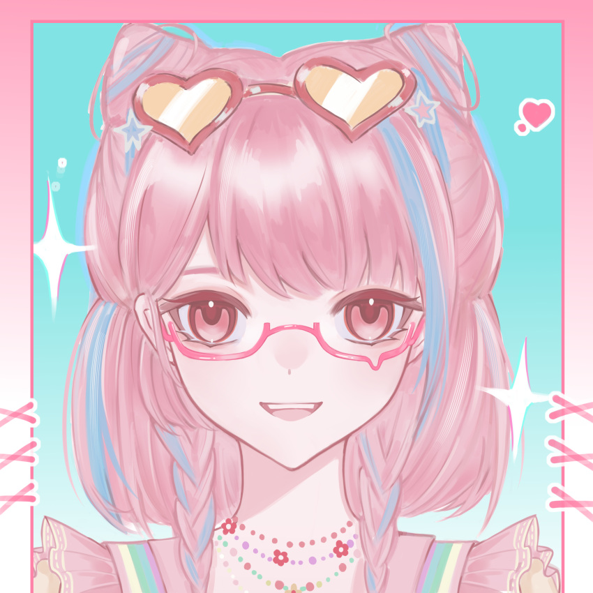 1girl, absurdres, aegyo_sal, aqua_background, bead_necklace, beads, bespectacled, blue_hair
