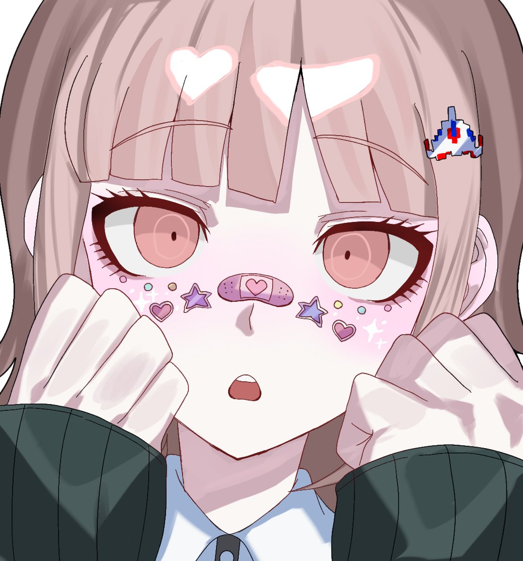 1girl, brown_hair, collared_shirt, danganronpa_(series), danganronpa_2:_goodbye_despair, flipped_hair, hair_ornament, hands_up