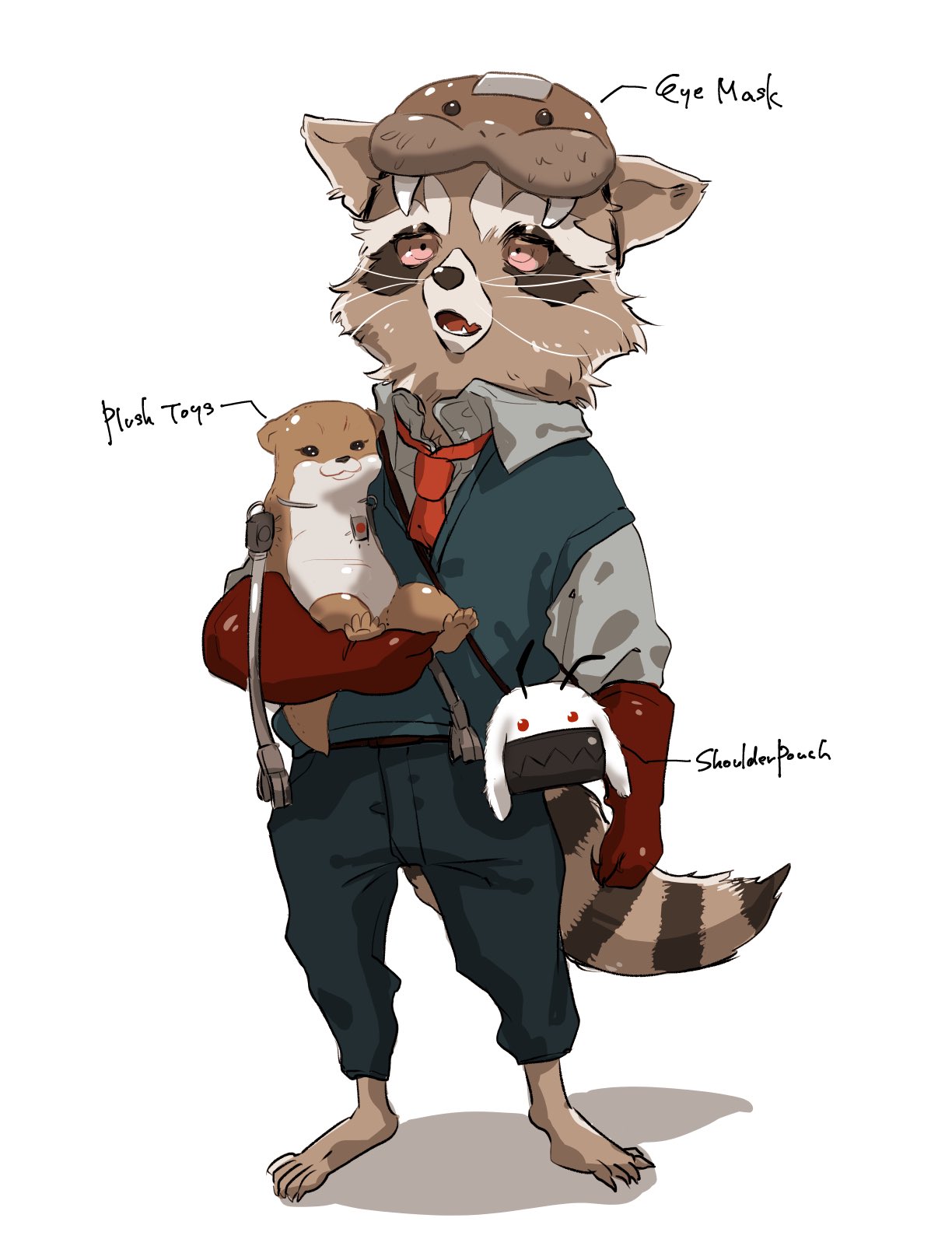 1boy, animal_ears, bag, barefoot, black_pants, blue_vest, eye_mask, fang