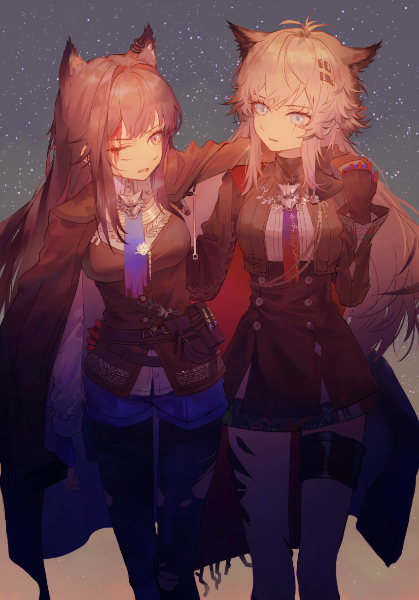 2girls, absurdres, animal_ears, arknights, black_gloves, black_hair, black_jacket, black_pantyhose