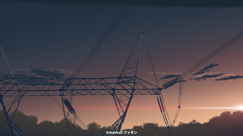 artist_name, byousoku_5_centimeter, clouds, commentary, gradient_sky, highres, mathvii, no_humans, outdoors, power_lines, scenery, sky, sunset, transmission_tower, twilight